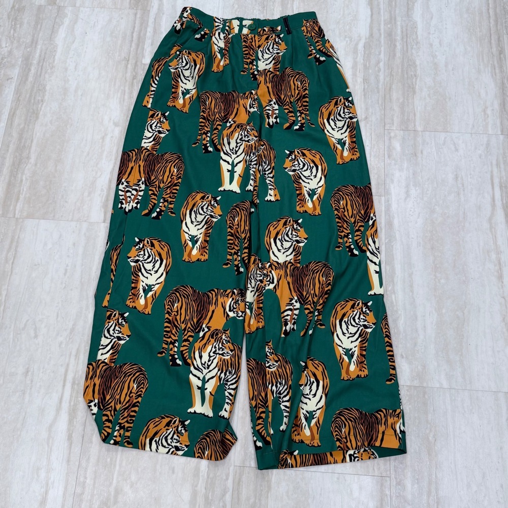 Dressed in LALA Tiger Print Wide Leg Trousers Green Pants Size Medium